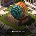 Game screenshot showing a 'Home Sweet Home' building feature with a green ribbed dome structure in an urban setting.