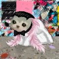 A small animal, possibly a hedgehog or puppy, wearing a pink hat and a white and pink outfit against a colorful background.