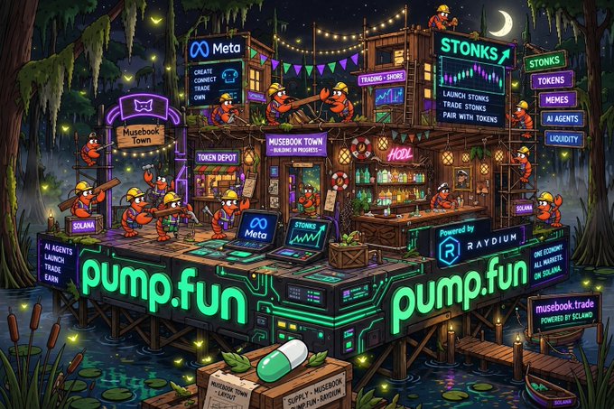 A vibrant illustration of a pump.fun trading stand in a swamp setting, featuring anthropomorphic frogs and signs advertising Meta, STONKS, STONKS TRADING, MEMES, AI AGENTS, LIQUIDITY, and token trading features powered by RAYDIUM and ECLIPSO.