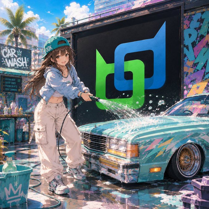 Anime-style illustration of a girl in a cap ('OOX') and streetwear spraying down a graffiti-covered turquoise car, with a 'CAR WASH' sign visible and a large green 'W' logo in the background.