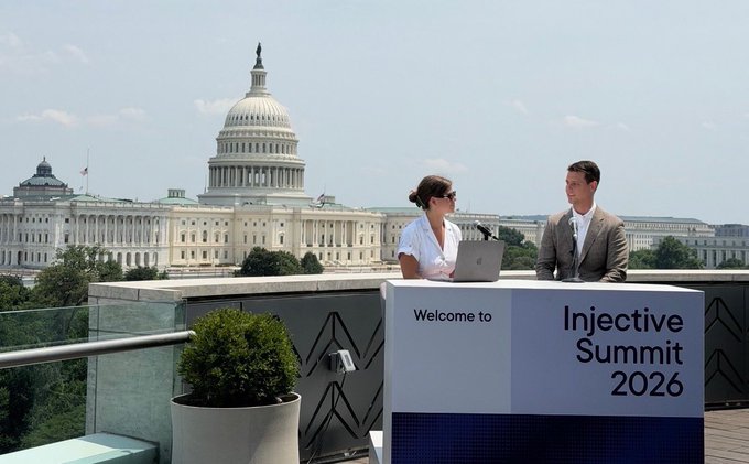 Two people—a woman in a white shirt and a man in a beige blazer—stand behind a podium displaying "Welcome to Injective Summit 2026," with the U.S. Capitol Building visible in the background. The image aligns with the post's caption about discussing the future of digital asset markets with policymakers at the Injective Summit on Capitol Hill, with the "GOFR" likely referring to Galaxy's Onchain Financial Report mentioned via @galaxyhq.