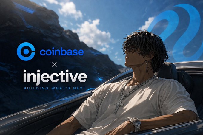 Promotional artwork for Coinbase × Injective 'Building What's Next' featuring an anime-style young man with dark hair, a cross necklace, and a luxury watch in a convertible against a mountainous backdrop.