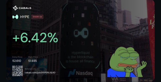 The image shows a Cabals trading result for shorting $HYPE with 5x leverage, displaying a +6.42% gain with an entry price of 52.610 and mark price of 51.935, featuring a crying Pepe meme in front of a Nasdaq billboard advertising Hyperliquid. The caption highlights the irony of simultaneously profiting from a short position on $HYPE while still holding the token as a long-term investment, mocking those who panicked sold (represented by the crying Pepe) on the exchange's branding.