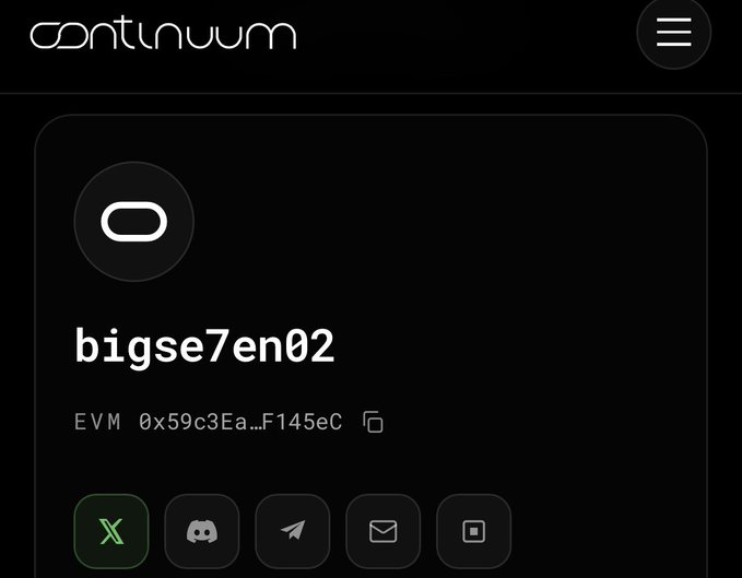 A dark-themed digital profile page displays the username 'bigse7en02' with an EVM wallet address (0x59c3Ea...F145eC) on the 'continuum' platform, featuring social media icons including X, Discord, Telegram, email, and another option.
