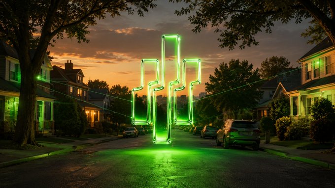 A glowing green neon structure stands on a quiet suburban street at dusk, casting an ethereal light over the neighborhood. The imagery suggests a digital asset or token manifesting physically in a real-world setting—mirroring the $REAL thesis of bridging onchain tokens with tangible, location-based reality.