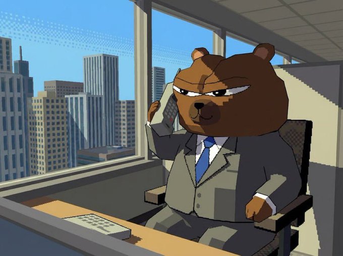 The image features a cartoon bear sitting behind a desk, dressed as a businessman with a suit and tie. The bear is holding a cell phone up to his ear, appearing to be engaged in a conversation or possibly making a call. In the background, there are several buildings visible through a window, suggesting an urban setting for this scene.

The caption of the image reads: "Setting some bids at FTX low of ETH just in case". This phrase is likely a reference to the cryptocurrency market and its fluctuations. The bear's attire and surroundings could be interpreted as a representation of the modern world where technology plays a significant role, even for animals.