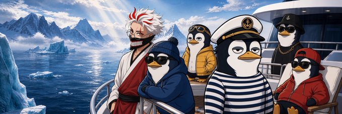 An illustrated scene featuring anime character Gojo Satoru from Jujutsu Kaisen standing on a boat deck with several penguins dressed in various outfits, set against an icy arctic landscape.