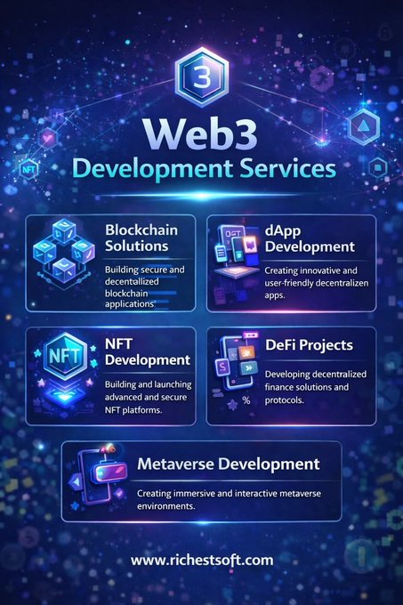 A promotional infographic for 'Web3 Development Services' by 'www.richestsoft.com', listing services including 'Blockchain Solutions', 'dApp Development', 'NFT Development', 'DeFi Projects', and 'Metaverse Development'.