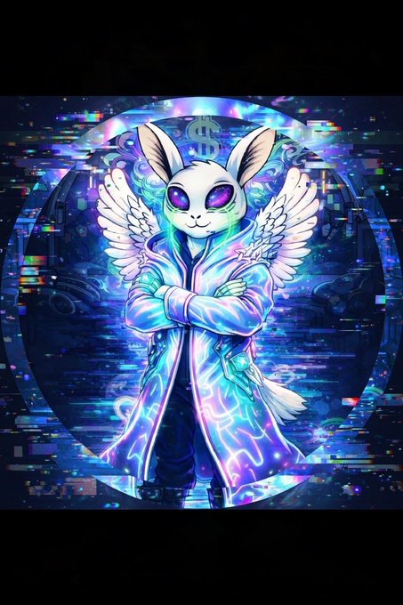 A digital illustration of a humanoid rabbit-like creature with glowing purple eyes, white wings, and a flowing holographic coat, standing with crossed arms against a glitchy, neon cosmic background featuring a dollar sign.