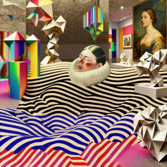 The image features a woman's face with a black and white striped dress, surrounded by various art pieces displayed throughout the room. The artwork includes sculptures of different shapes and sizes, as well as paintings that contribute to the overall artistic atmosphere. The room is filled with an array of colorful objects, creating a vibrant and eclectic environment.