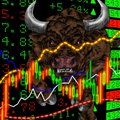 A dark, abstract image showing what appears to be a horned skull or mask overlaid on a stock trading chart with green and red candlesticks, with partial numbers like '73' and '8' visible.