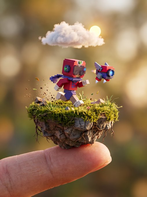 A miniature diorama rests on a fingertip, featuring a Minecraft-style red robot character and a small rocket ship on a floating patch of grassy earth beneath a cloud and sun.