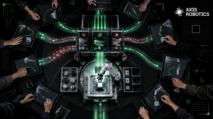 A top-down view shows multiple hands operating tablets around a central robotic arm, with the 'AXIS ROBOTICS' logo displayed in the corner.