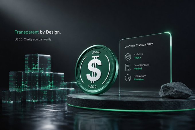A promotional graphic for USDD cryptocurrency featuring a green and silver coin with a dollar sign, surrounded by digital cubes and a transparency panel displaying 'On-Chain Transparency' with 'Collateral 100%+', 'Smart Contracts Verified', and 'Transactions Real-time' under the heading 'Transparent by Design. USDD. Clarity you can verify.'