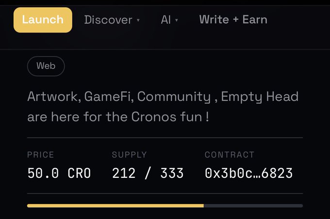 Crypto launch platform page on Cronos blockchain showing 'Artwork, GameFi, Community, Empty Head' NFT with a price of 50.0 CRO, supply of 212/333, and contract address 0x3b0c...6823.