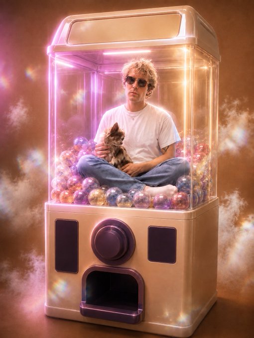 A whimsical digital artwork shows a man wearing sunglasses and holding a small chihuahua, sitting cross-legged inside a gachapon (capsule toy) machine filled with colorful transparent capsules against a smoky, iridescent background.