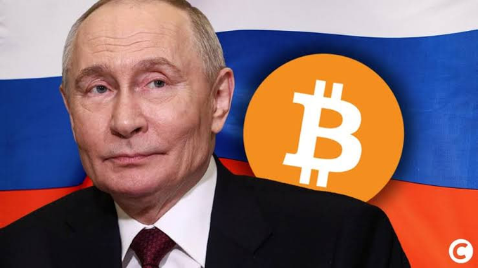 Vladimir Putin appears in front of the Russian flag alongside the Bitcoin logo. The image illustrates the post's announcement that Russia's MOEX exchange is launching crypto perpetual futures, with Russia declaring a regulated crypto market a "TOP PRIORITY."