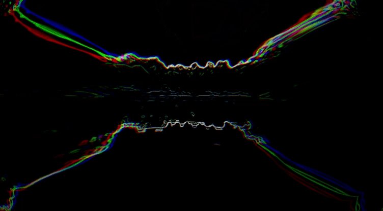 The image features a black background with a reflection of a person's face, which appears distorted due to the use of a color filter or lens effect. The reflection shows two hands holding a camera, suggesting that someone has taken a photo using this filter. The image also contains text that reads "loops_ever 5/10 - 1.07 tz Thank you @Afra_rad x2 @xponential @sinusoidalsnail @squiddy_q Special drop for #GIFARTDAY by @tiegenhof_". This information is related to the image, as it appears that the person who took the photo used a color filter or lens effect on their camera.