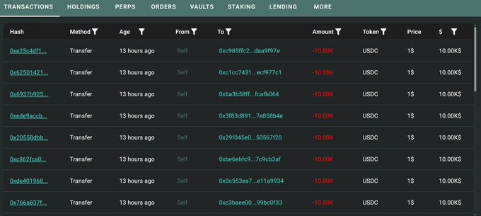 A blockchain transactions table shows multiple self-transfers of -10.00K USDC (USDC token) occurring 13 hours ago with a $1 price.
