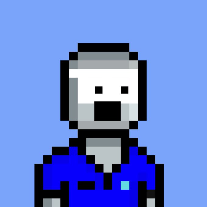 A pixel-art icon depicts a bearded figure in a blue shirt with an open-mouthed expression against a solid blue background.