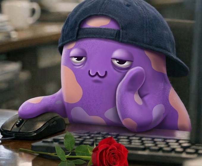 A purple cartoonish blob character wearing a backwards baseball cap rests on a keyboard next to a mouse, with a red rose in the foreground.