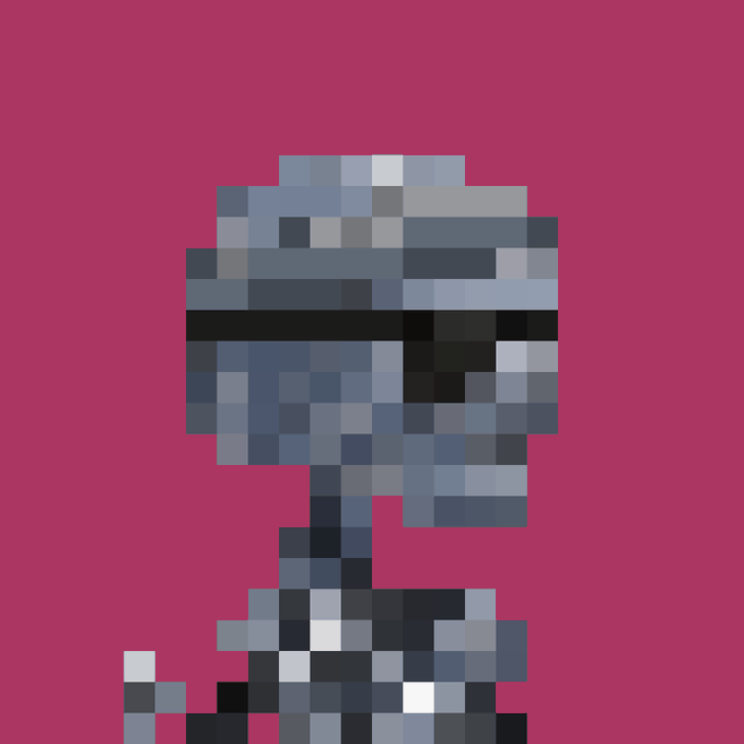 A low-resolution pixel art portrait of a helmeted figure resembling Boba Fett rendered in shades of blue-gray against a solid magenta background.