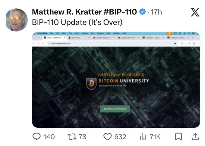 A tweet from Matthew R. Kratter (#BIP-110) with the title 'BIP-110 Update (It's Over)' featuring a screenshot of his Bitcoin University website with the tagline 'your path to a richer life'.