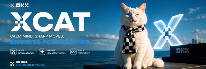 OKX's XCAT promo featuring a serene white cat wearing a checkered scarf, with the tagline "Calm Mind. Sharp Moves. Endless Possibilities." The image's calm yet poised feline mirrors the post's message about catching $XCAT early before it takes off, while "Trade with Confidence" reflects the "still early" opportunity described.