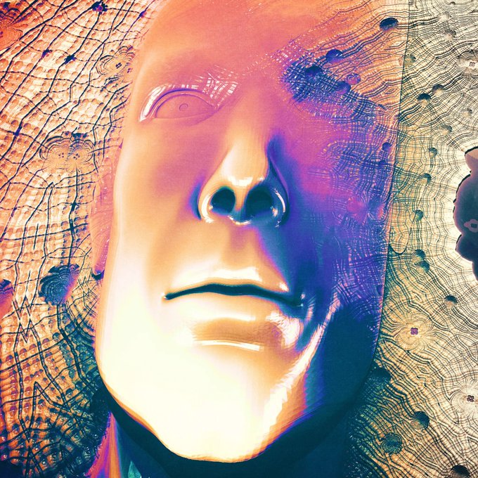 A stylized digital artwork of a glossy mannequin-like face illuminated with pink and purple hues, set against a textured background with floral and net-like patterns.