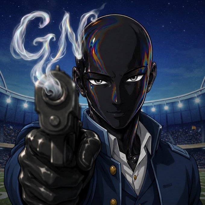 A stylized, dark-toned figure in a blue coat aims a smoking gun directly at the viewer against a stadium backdrop, evoking a "goodnight" send-off. The image pairs with the caption "Rest, reset, refocus. GN CT." as a dramatic, edgy farewell message using the visual metaphor of a fired shot to signal closure.