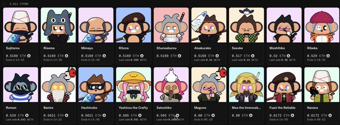 A grid of cartoon monkey NFT characters for sale, each with a name (such as Sujitarou, Rosema, Mimmy), an ETH price, and 'Last sale' information.