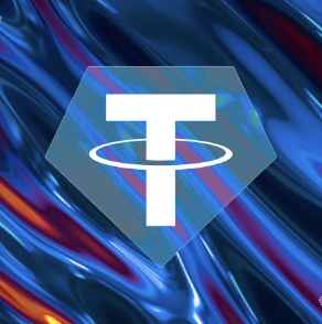 The image displays the Tether (USDT) logo featured on a hexagonal badge against a dynamic blue and red swirled background, visually representing Tether's leading role in the announced $7 million Series A investment in Pact Labs for their new U.S.-focused stablecoin, $USAT. The branding aligns with the post's emphasis on Tether CEO Paolo Ardoino's strategic push to expand American stablecoin adoption through improved wage settlement solutions.