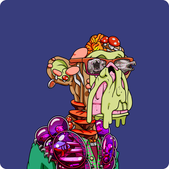 A cartoon zombie character with melting green features, sunglasses showing an image inside the lenses, and sushi and purple bubbles emerging from its body on a blue background.