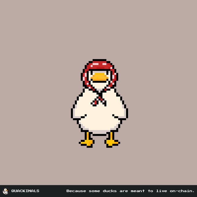 A pixel-art image shows a cartoon duck wearing a red hood with the brand name "QUACKINALS" displayed at the bottom left, alongside the tagline "Because some ducks are meant to live on-chain." This relates to the post by visually representing the Quackinals NFT project and playfully emphasizing that the seemingly simple duck artwork required creating 444 unique 1/1 inscriptions, making it a substantial creative effort.