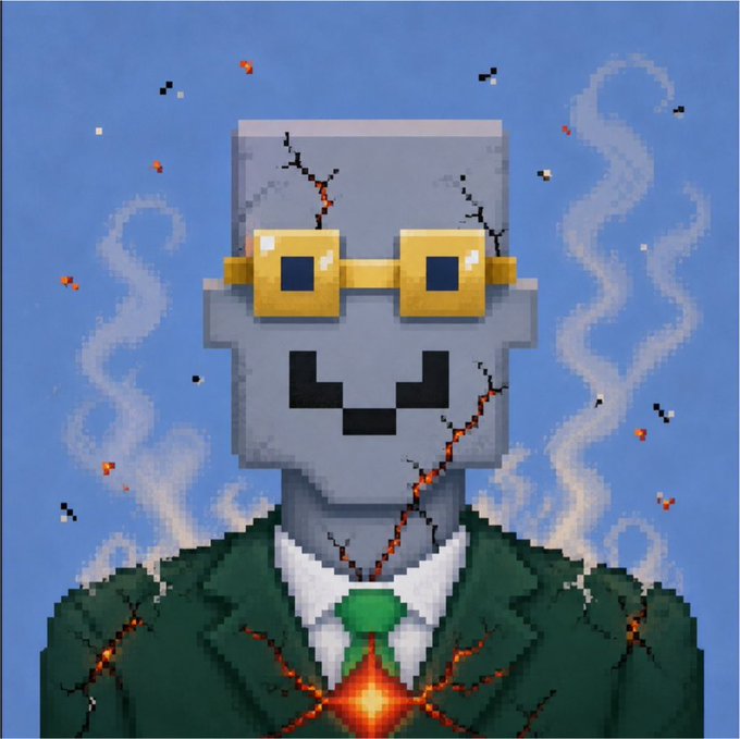 A pixel art style illustration of a gray-skinned character wearing gold square glasses and a green suit, with cracks glowing orange/red across their face and body against a blue sky background.