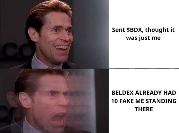 A two-panel meme using the Willem Dafoe 'Oh god why' template, depicting someone who sent $BDX thinking they were alone, but discovering BELDEX already had 10 fake versions of them standing there.