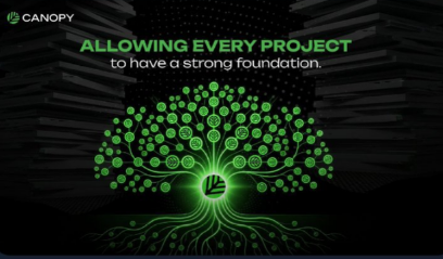 A Canopy promotional graphic featuring a green digital tree with circular icons for leaves, accompanied by the text 'ALLOWING EVERY PROJECT to have a strong foundation.'
