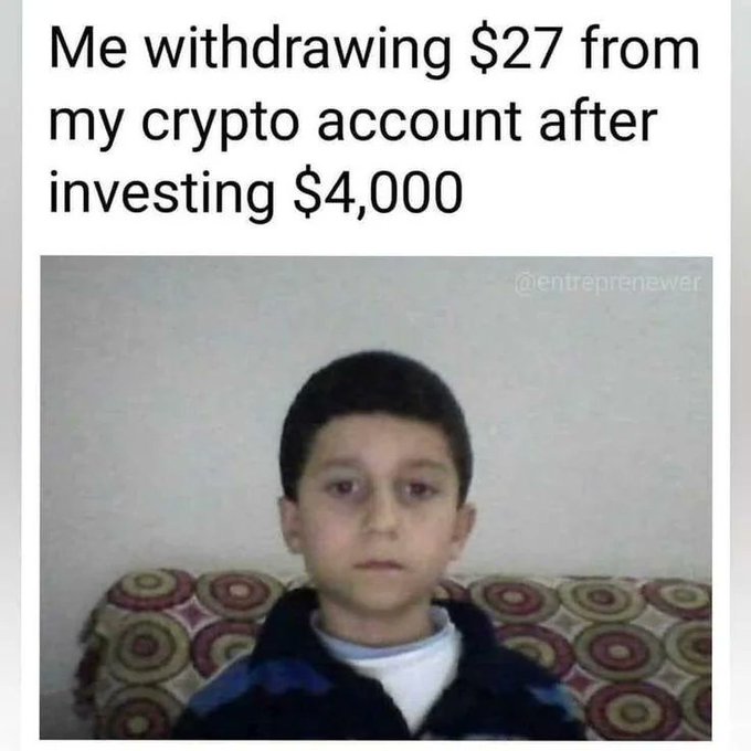 A meme captioned 'Me withdrawing $27 from my crypto account after investing $4,000' featuring a young boy with a sad, disappointed expression sitting on a patterned couch.