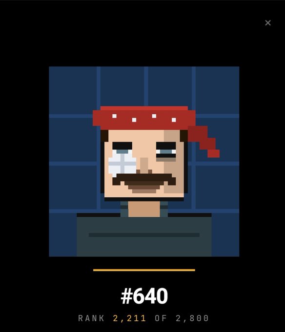 A pixel art character portrait of a man with a red bandana, mustache, and a bandage over his eye, labeled '#640' with 'RANK 2,211 OF 2,800' below.