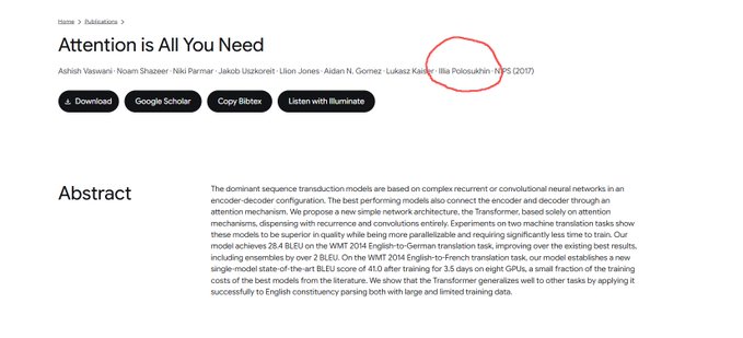 A screenshot of the 'Attention is All You Need' paper with the author name 'Illia Polosukhin' circled in red.