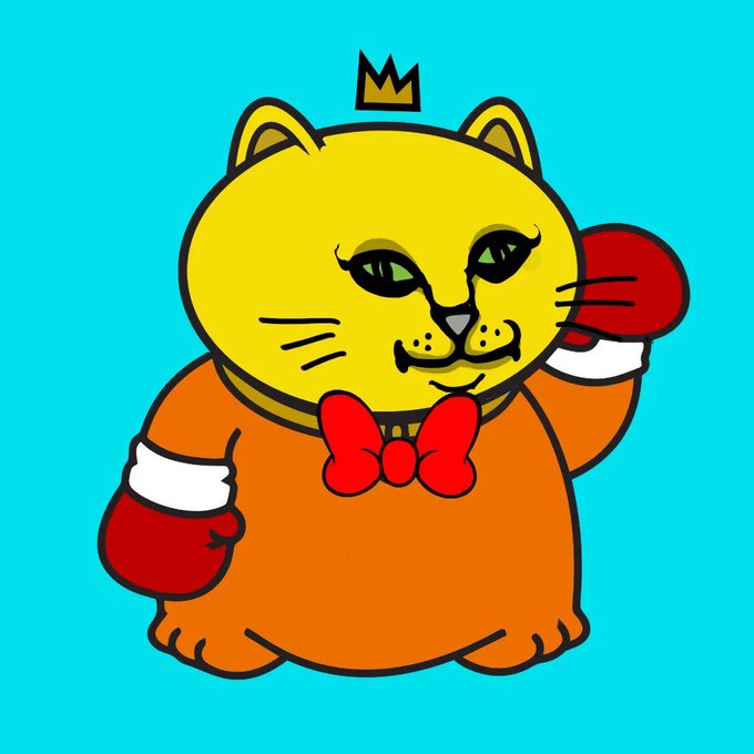 A cartoon illustration of a yellow cat with a small crown, wearing an orange shirt, red bow tie, and red boxing gloves against a teal background.