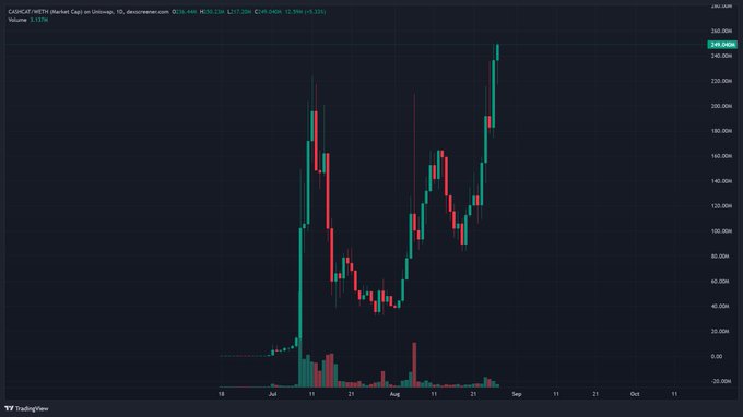 A TradingView candlestick chart of $CASHCAT/USDT on Binance shows the token's price surging dramatically to $238.68m (+13.15%) in early September, supporting the post's claim of a $250M market cap and "parabolic" trajectory toward a potential billion-dollar valuation.