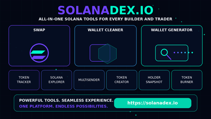 Promotional graphic for SOLANADEX.IO, an all-in-one Solana tools platform offering features like Swap, Wallet Cleaner, Wallet Generator, Token Tracker, and Token Burner.