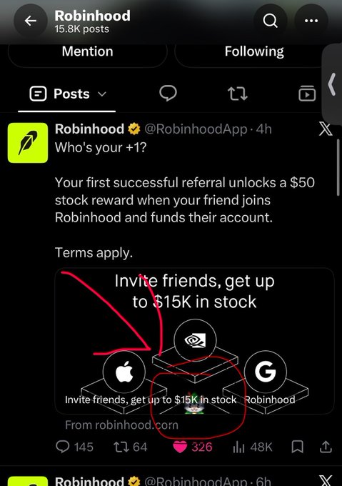 A screenshot of a Robinhood social media post about a referral program offering up to $15K in stock, with an arrow and red circles highlighting the 'up to $15K' text.