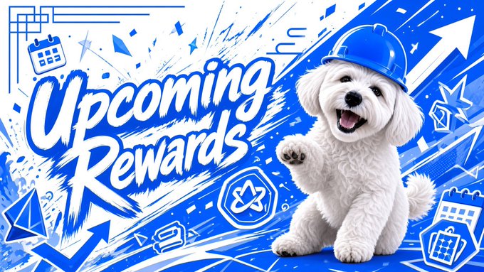 A vibrant blue promotional graphic titled 'Upcoming Rewards' featuring a fluffy white dog wearing a blue hard hat surrounded by blueprint-style icons of calendars, rockets, and tools.