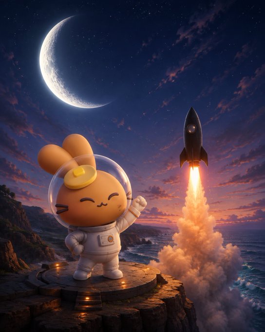 A cartoon bunny astronaut in a spacesuit stands on a cliffside launch platform, cheering as a rocket blasts off toward a crescent moon at dusk. The image evokes the "liftoff to the moon" metaphor central to the post, suggesting the mysterious stock is poised for a dramatic upward trajectory.
