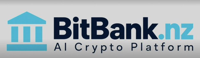 The image displays the BitBank.nz logo, featuring a light blue bank/pillar icon beside the brand name "BitBank.nz" in dark and light blue text, with the tagline "AI Crypto Platform" beneath it. This logo visually represents the post's description of BitBank.nz as an AI-driven crypto platform offering machine learning-based market analysis and forecasting across 70+ trading pairs.