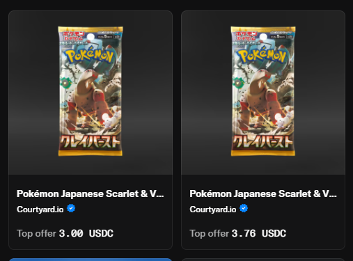 Two listings for a Pokémon Japanese Scarlet & Violet Clay Burst booster pack on Courtyard.io show top offers of 3.00 USDC and 3.76 USDC, illustrating the collectible the user won through a Nifty Island quest.