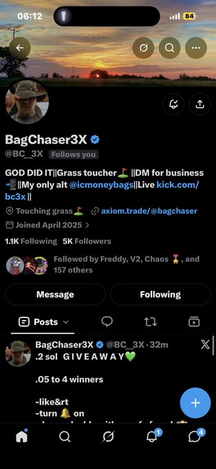 A Twitter/X profile page for 'BagChaser3X' (@BC_3X) showing 1.1K Following and 5K Followers, with a bio mentioning 'GOD DID', 'Grass toucher', and 'IDM for business', and a recent post about a '.2 sol GIVEAWAY' to 4 winners.