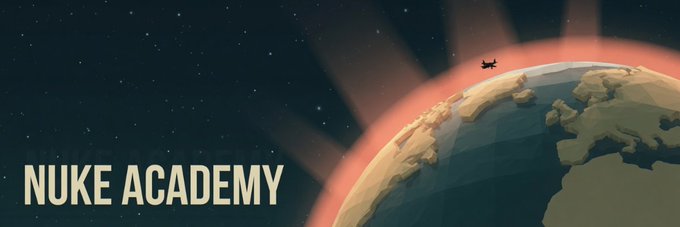 A stylized banner features Earth from space with a fighter jet flying past a glowing red horizon, accompanied by the bold text "NUKE ACADEMY" on the left, fitting as a community-added banner for the Solana token $NUKES. The apocalyptic imagery and name align thematically with the token's nuclear-inspired branding.